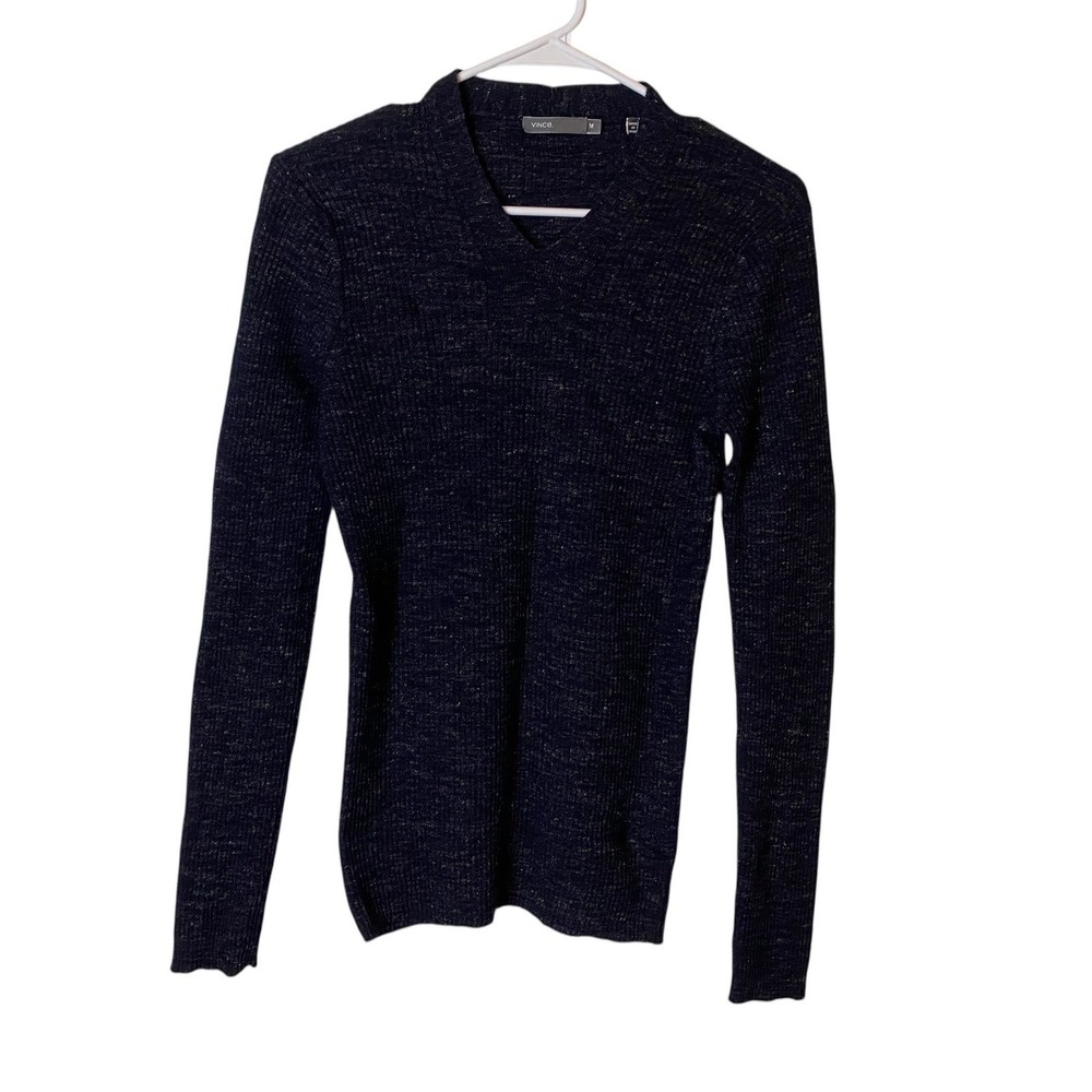 Vince Womens Black Gray Ribbed Wool Linen V-Neck Long Sleeve Sweater Medium